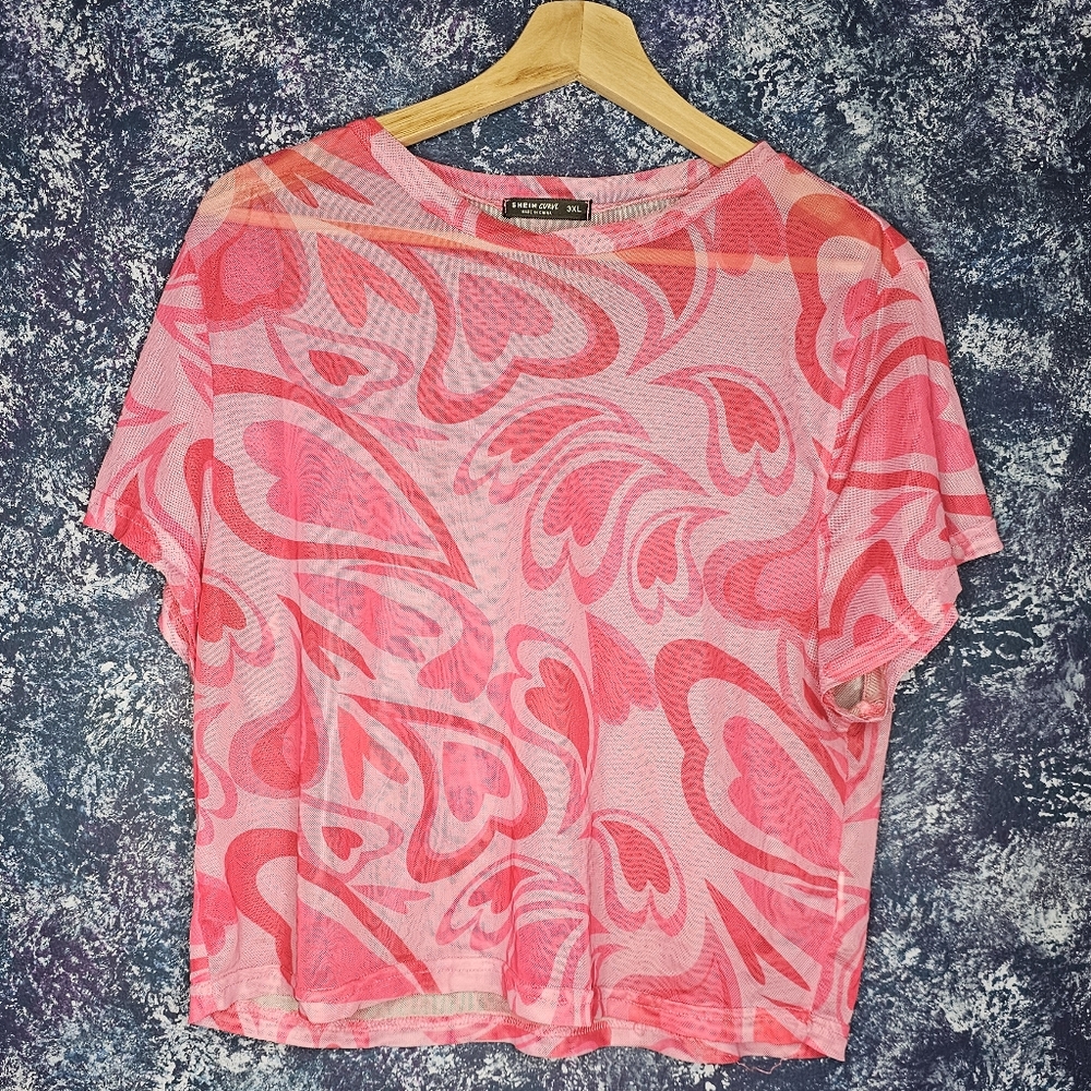 Shein pink heart sheer crop top